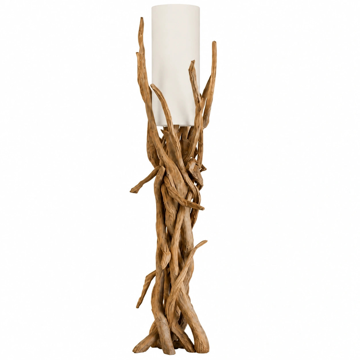 Handgefertigte Teakholz-Stehlampe mit Leinen-Bezug, 180 cm – Natürliches Unikat im rustikalen Design, ideal für Wohnzimmer und Büro