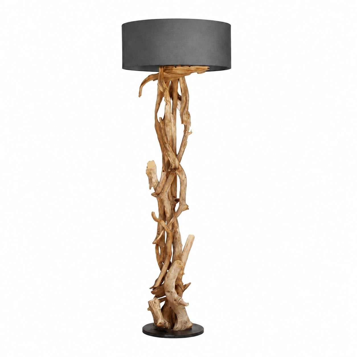 BLUMA Stehlampe aus Teakholz - Handgefertigt aus nachhaltigem Material - Höhe 180 cm, Sockel 30 cm - Treibholz-Design mit grauem Lampenschirm für Wohnzimmer
