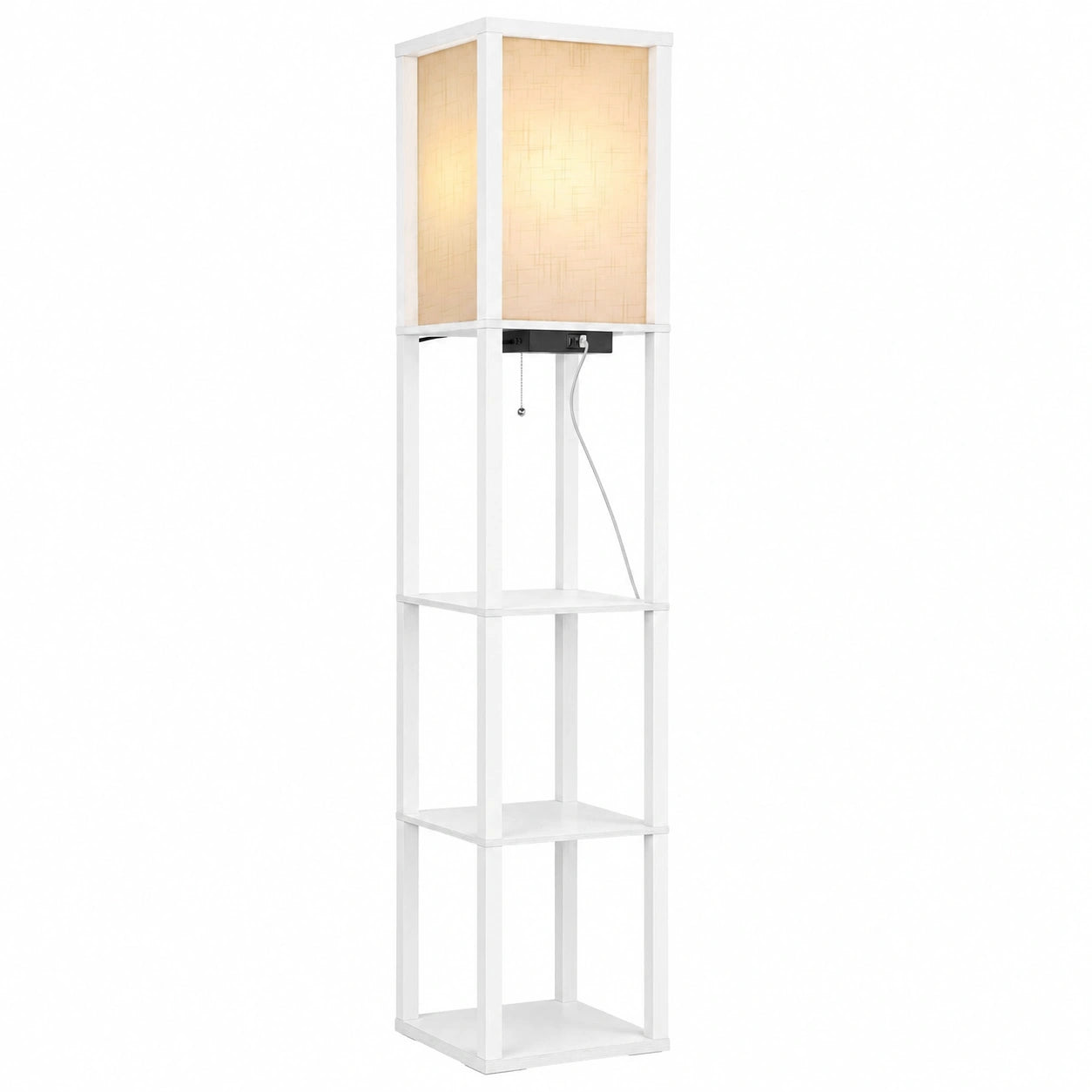 Stehlampe mit Regal und Fernbedienung, dimmbar und 4 Farbtemperaturen, LED-Lampe mit 2 USB-Ports und Timer, geeignet für Wohnzimmer, Schlafzimmer, Büro, Weiß