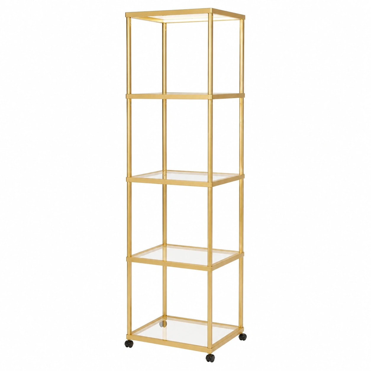 LED-beleuchtetes Bücherregal, 6-stufiges Eckregal mit dimmbarer Stehleuchte, Glasvitrine für Wohnzimmer und Schlafzimmer, Gold