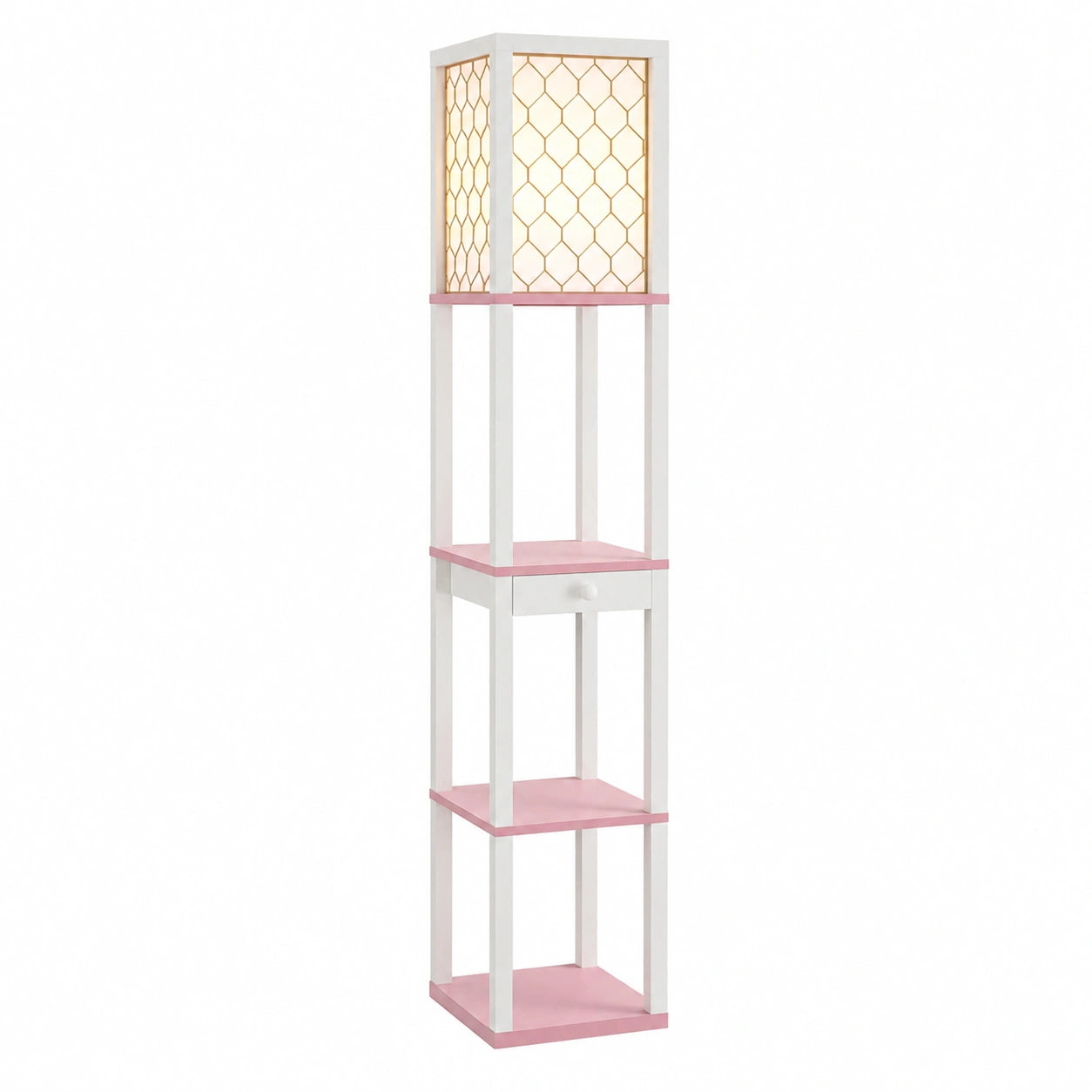 Dimmbarer LED-Stehlampe mit Regalen und Schublade, Fernbedienung, 3 Ebenen, 160 cm, Rosa